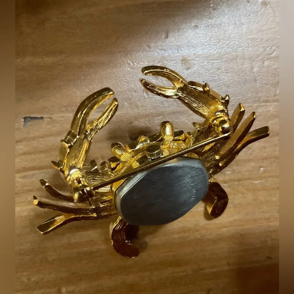 Kenneth Jay Lane: Crab blue Lapis gold/plated clear rhinestones watch brooch/pin